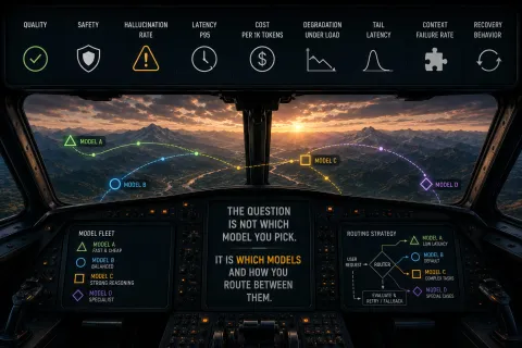 Cockpit-style infographic with model benchmark columns and routing strategy